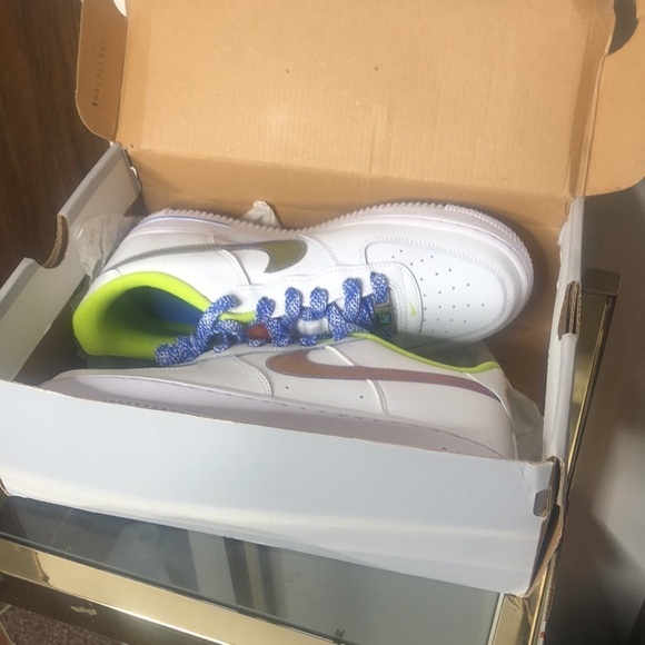 Nike Air Force one white /multi colored medium blue sneakers size 6y​ - Picture 3 of 11